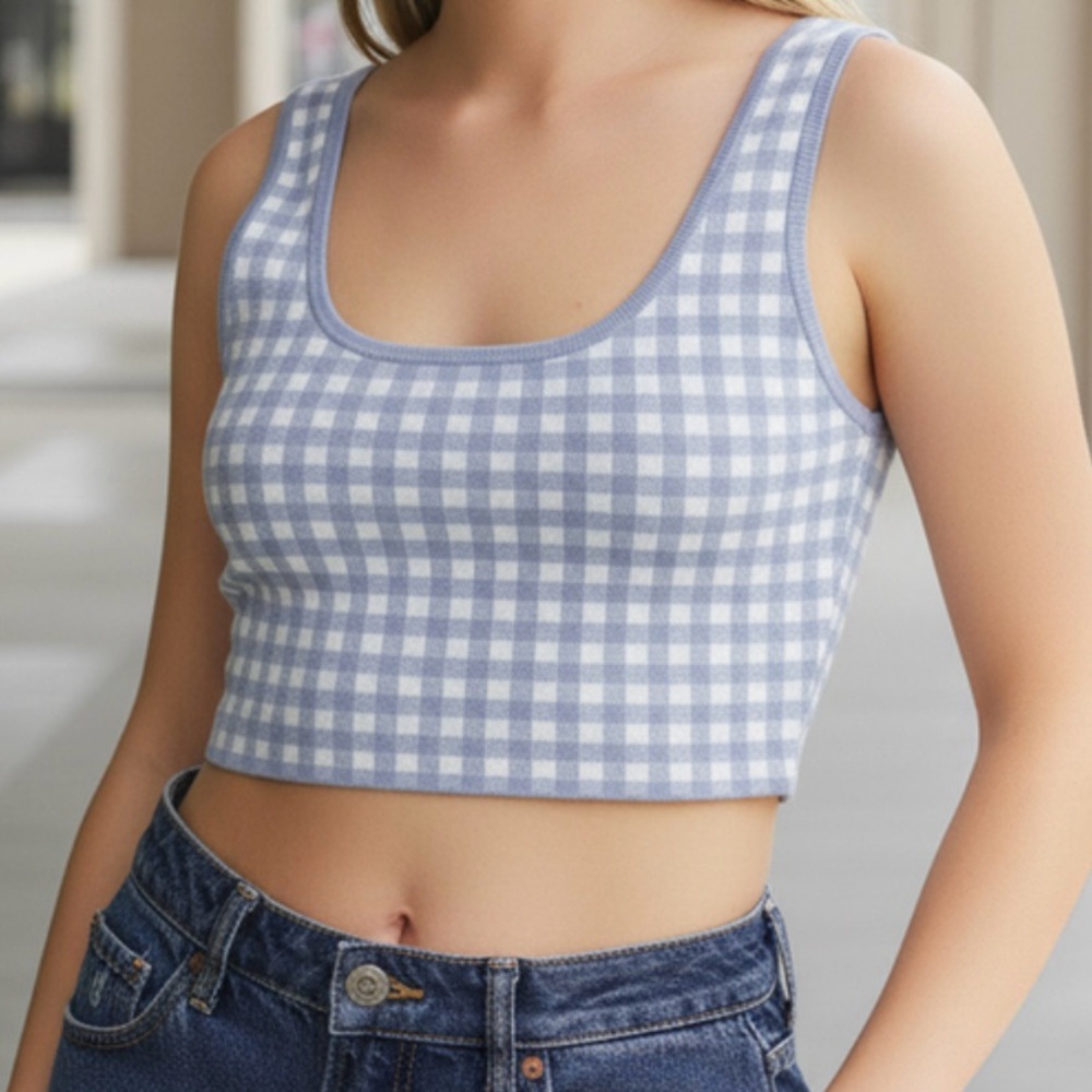 Garage Blue and White Checkered Crop Top